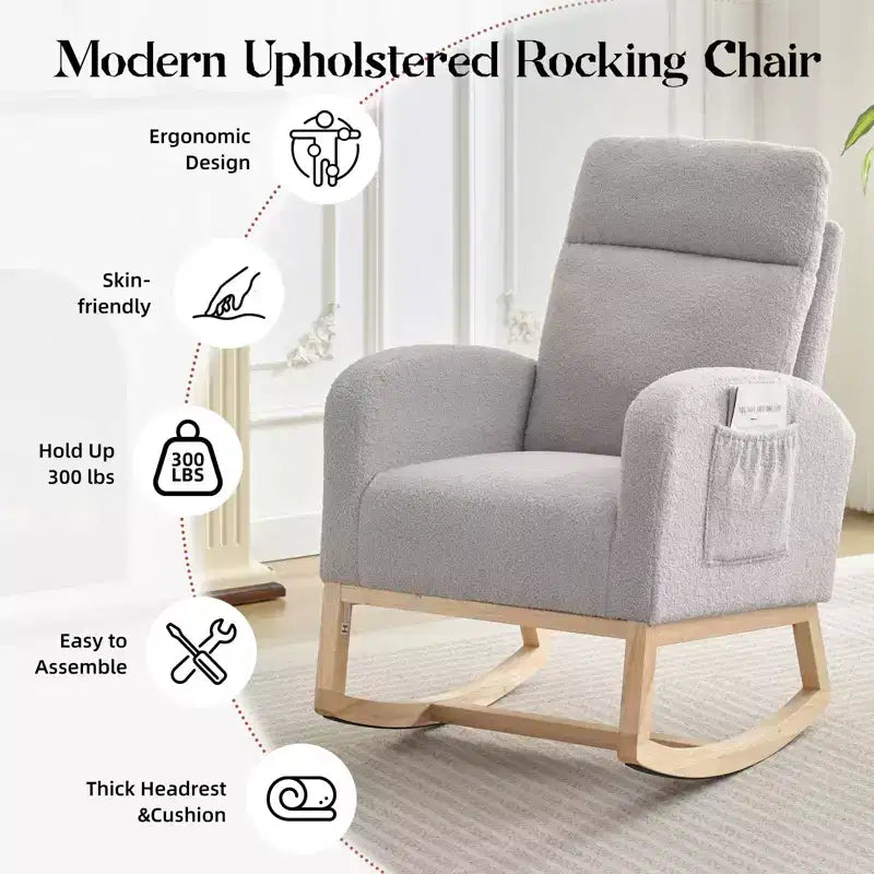Modern Teddy Fleece High Back Rocking Chair, Upholstered Nursery Glider with Padded Armrests, Side Pockets and Wood Legs for Living Room and Bedroom