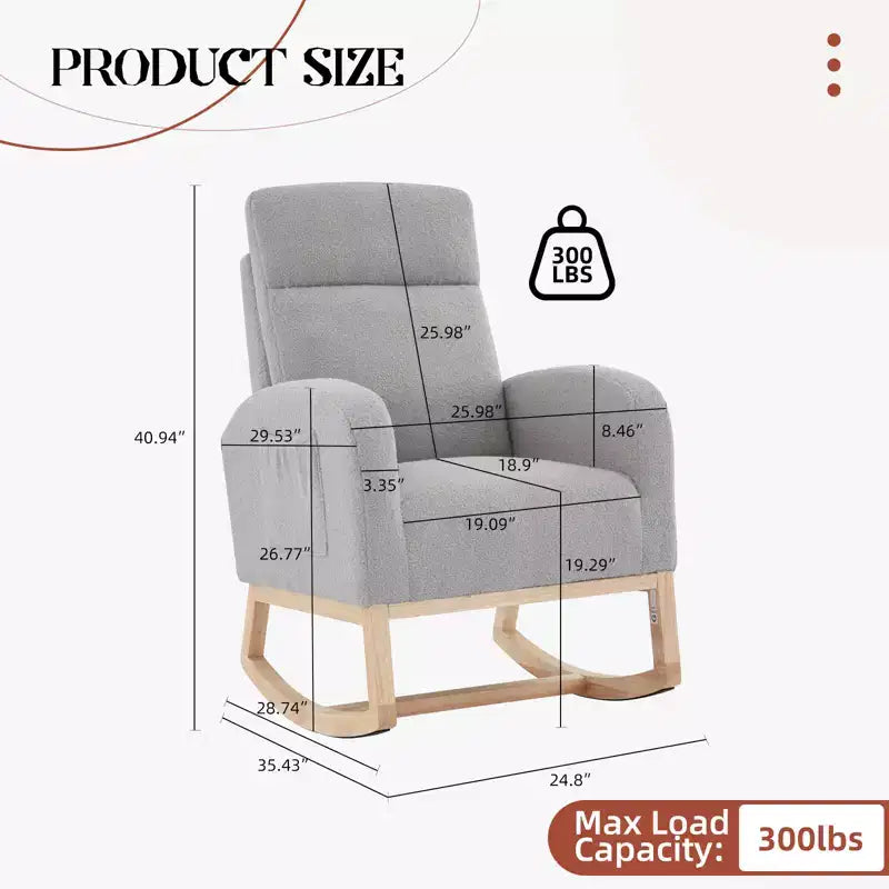 Modern Teddy Fleece High Back Rocking Chair, Upholstered Nursery Glider with Padded Armrests, Side Pockets and Wood Legs for Living Room and Bedroom