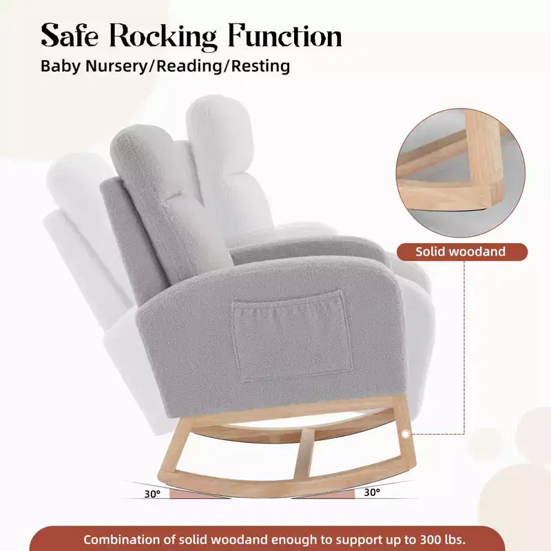 Modern Teddy Fleece High Back Rocking Chair, Upholstered Nursery Glider with Padded Armrests, Side Pockets and Wood Legs for Living Room and Bedroom