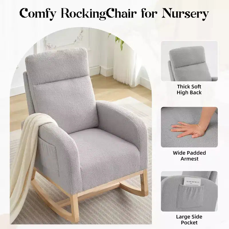 Modern Teddy Fleece High Back Rocking Chair, Upholstered Nursery Glider with Padded Armrests, Side Pockets and Wood Legs for Living Room and Bedroom