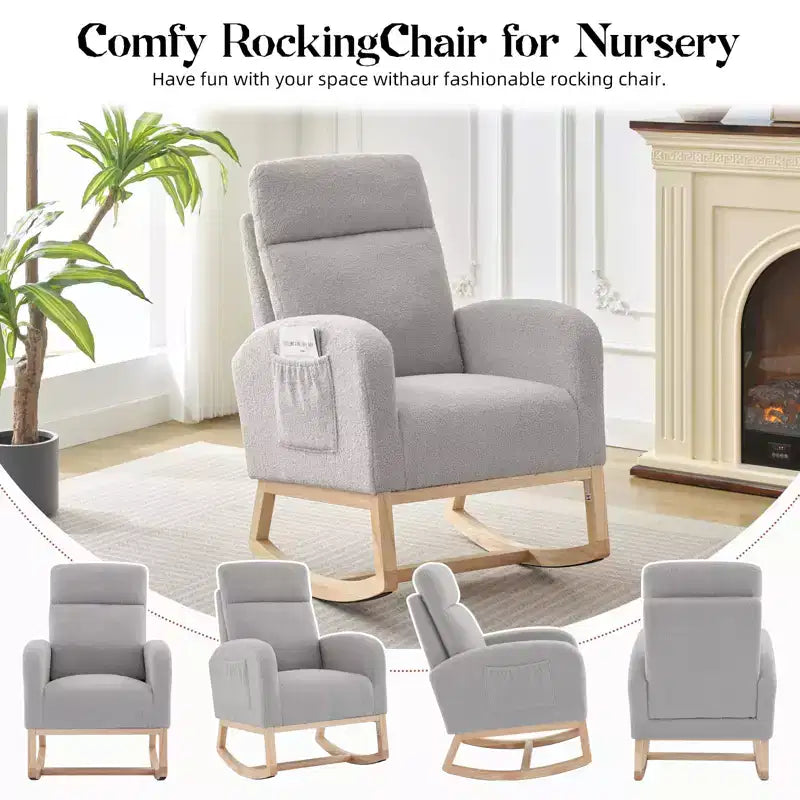 Modern Teddy Fleece High Back Rocking Chair, Upholstered Nursery Glider with Padded Armrests, Side Pockets and Wood Legs for Living Room and Bedroom