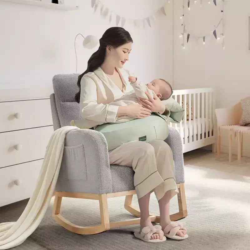 Modern Teddy Fleece High Back Rocking Chair, Upholstered Nursery Glider with Padded Armrests, Side Pockets and Wood Legs for Living Room and Bedroom