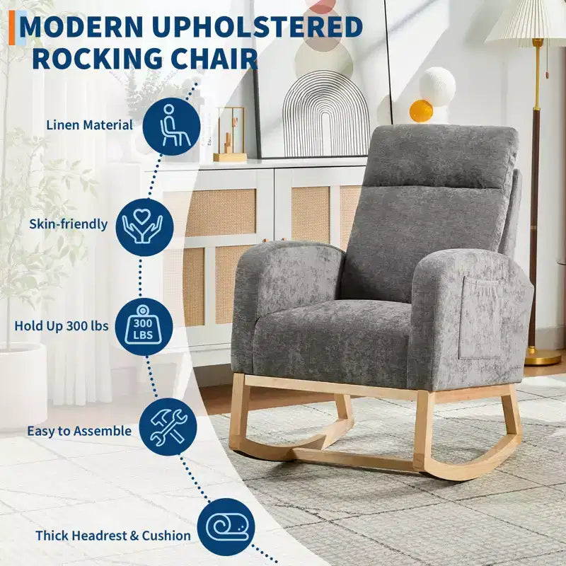 Modern Teddy Fleece High Back Rocking Chair, Upholstered Nursery Glider with Padded Armrests, Side Pockets and Wood Legs for Living Room and Bedroom