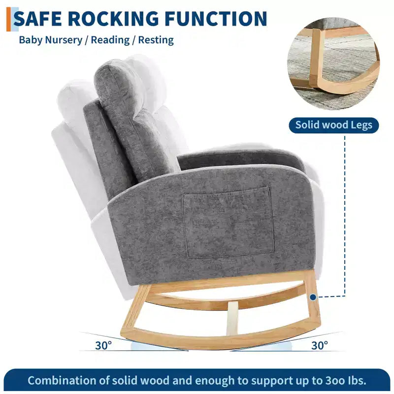 Modern Teddy Fleece High Back Rocking Chair, Upholstered Nursery Glider with Padded Armrests, Side Pockets and Wood Legs for Living Room and Bedroom