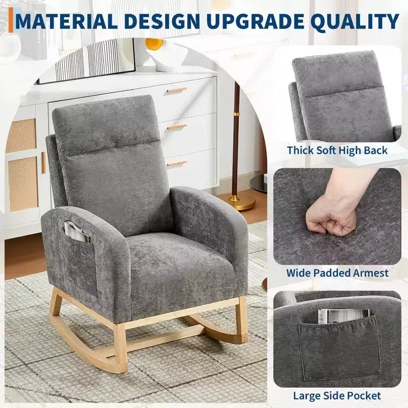 Modern Teddy Fleece High Back Rocking Chair, Upholstered Nursery Glider with Padded Armrests, Side Pockets and Wood Legs for Living Room and Bedroom