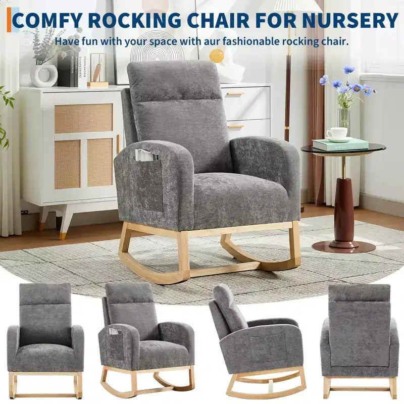 Modern Teddy Fleece High Back Rocking Chair, Upholstered Nursery Glider with Padded Armrests, Side Pockets and Wood Legs for Living Room and Bedroom