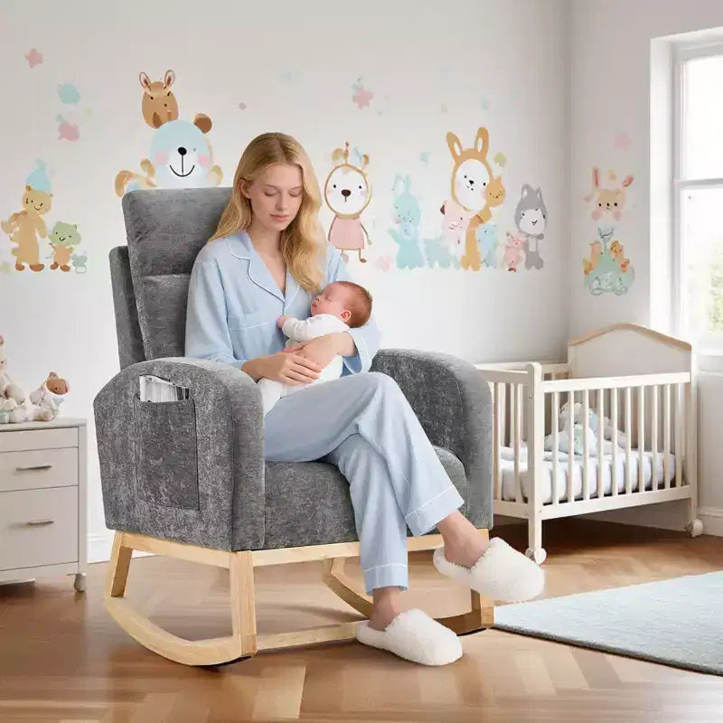 Modern Teddy Fleece High Back Rocking Chair, Upholstered Nursery Glider with Padded Armrests, Side Pockets and Wood Legs for Living Room and Bedroom