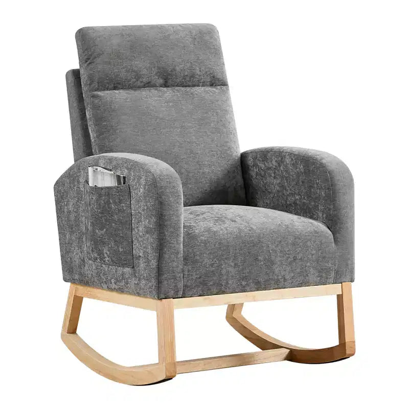 Modern Teddy Fleece High Back Rocking Chair, Upholstered Nursery Glider with Padded Armrests, Side Pockets and Wood Legs for Living Room and Bedroom