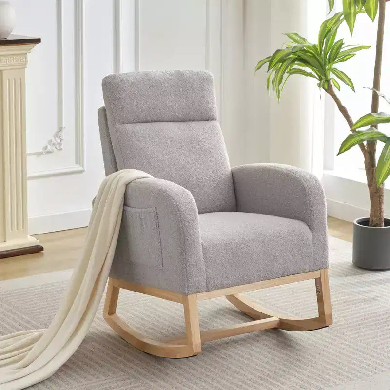 Modern Teddy Fleece High Back Rocking Chair, Upholstered Nursery Glider with Padded Armrests, Side Pockets and Wood Legs for Living Room and Bedroom