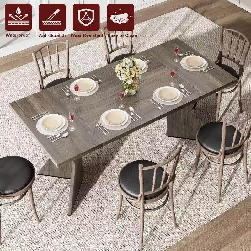71in Modern Farmhouse Rectangular Dining Table for 6, Thickened Wood Tabletop with Sturdy V-Shaped Metal Legs for Kitchen, Dining Room or Office