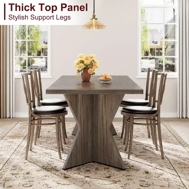 71in Modern Farmhouse Rectangular Dining Table for 6, Thickened Wood Tabletop with Sturdy V-Shaped Metal Legs for Kitchen, Dining Room or Office