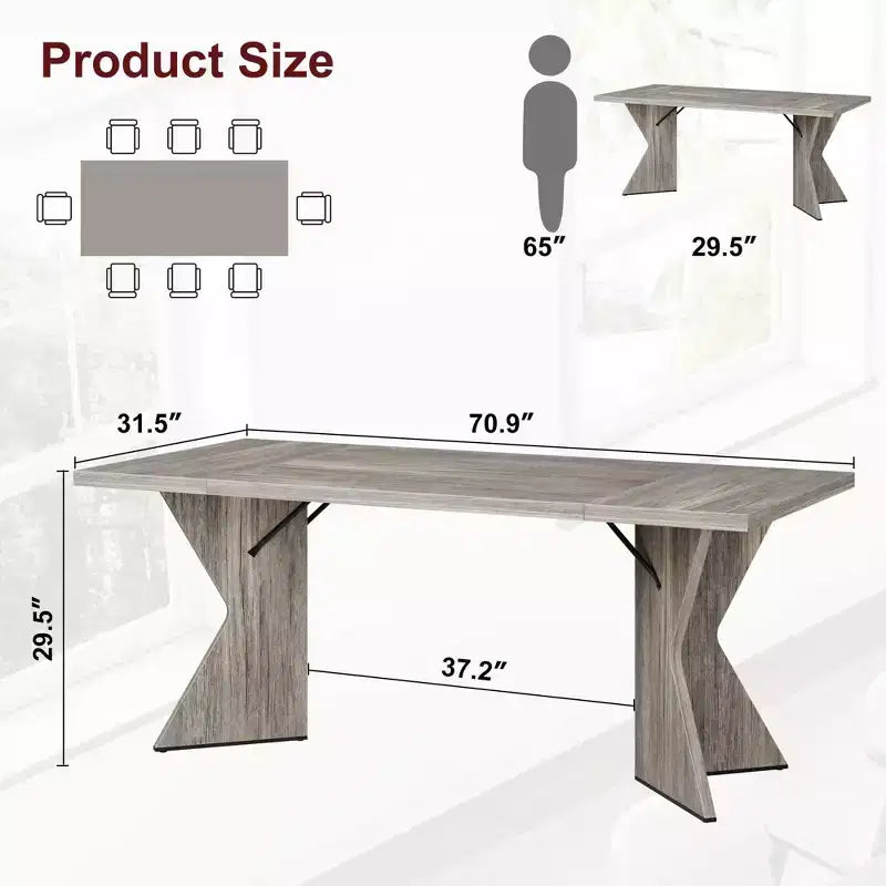 71in Modern Farmhouse Rectangular Dining Table for 6, Thickened Wood Tabletop with Sturdy V-Shaped Metal Legs for Kitchen, Dining Room or Office