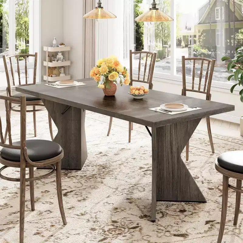 71in Modern Farmhouse Rectangular Dining Table for 6, Thickened Wood Tabletop with Sturdy V-Shaped Metal Legs for Kitchen, Dining Room or Office