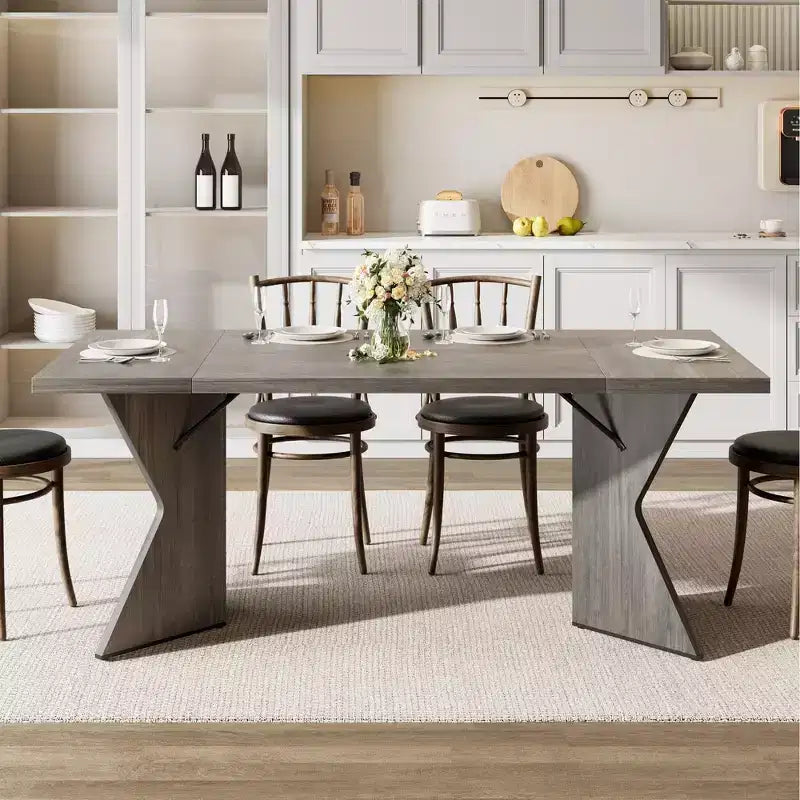 71in Modern Farmhouse Rectangular Dining Table for 6, Thickened Wood Tabletop with Sturdy V-Shaped Metal Legs for Kitchen, Dining Room or Office
