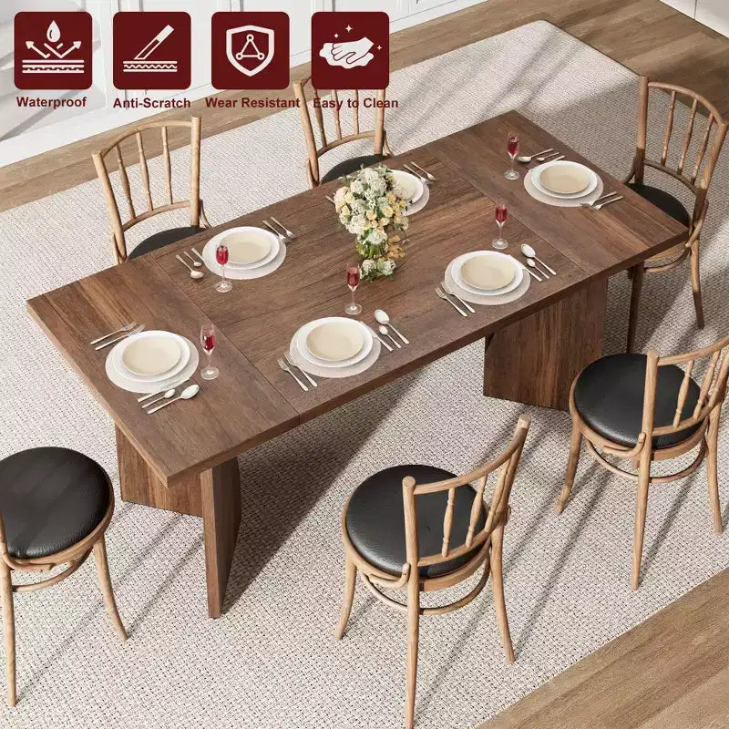 71in Modern Farmhouse Rectangular Dining Table for 6, Thickened Wood Tabletop with Sturdy V-Shaped Metal Legs for Kitchen, Dining Room or Office
