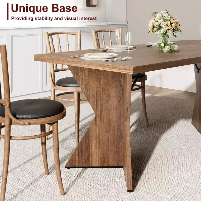 71in Modern Farmhouse Rectangular Dining Table for 6, Thickened Wood Tabletop with Sturdy V-Shaped Metal Legs for Kitchen, Dining Room or Office