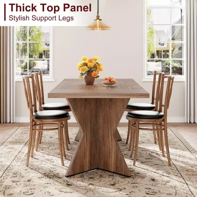 71in Modern Farmhouse Rectangular Dining Table for 6, Thickened Wood Tabletop with Sturdy V-Shaped Metal Legs for Kitchen, Dining Room or Office
