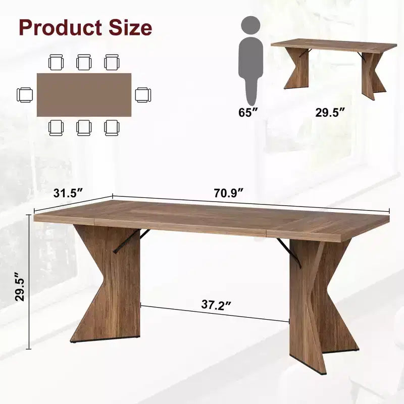 71in Modern Farmhouse Rectangular Dining Table for 6, Thickened Wood Tabletop with Sturdy V-Shaped Metal Legs for Kitchen, Dining Room or Office
