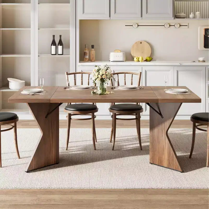 71in Modern Farmhouse Rectangular Dining Table for 6, Thickened Wood Tabletop with Sturdy V-Shaped Metal Legs for Kitchen, Dining Room or Office