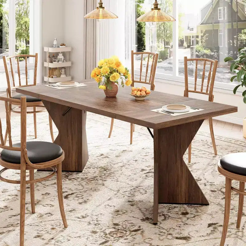 71in Modern Farmhouse Rectangular Dining Table for 6, Thickened Wood Tabletop with Sturdy V-Shaped Metal Legs for Kitchen, Dining Room or Office