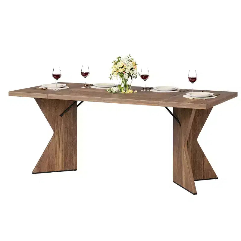 71in Modern Farmhouse Rectangular Dining Table for 6, Thickened Wood Tabletop with Sturdy V-Shaped Metal Legs for Kitchen, Dining Room or Office