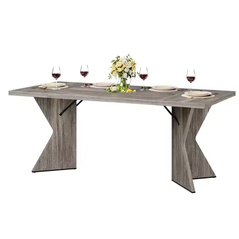 71in Modern Farmhouse Rectangular Dining Table for 6, Thickened Wood Tabletop with Sturdy V-Shaped Metal Legs for Kitchen, Dining Room or Office