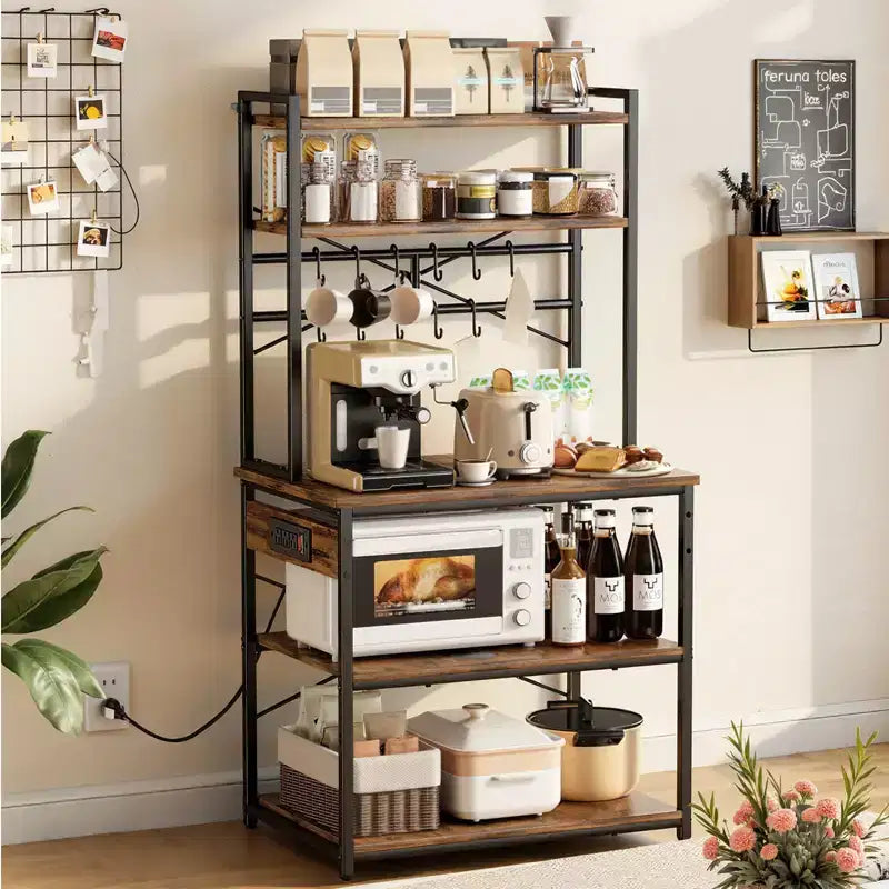 VEVOR Kitchen Bakers Rack, 5 ft Power Cable Bakers Rack with Power Outlet, Kitchen Stand with X-Shaped Support Bar, 12 S-Shaped Hooks, Black & Brown