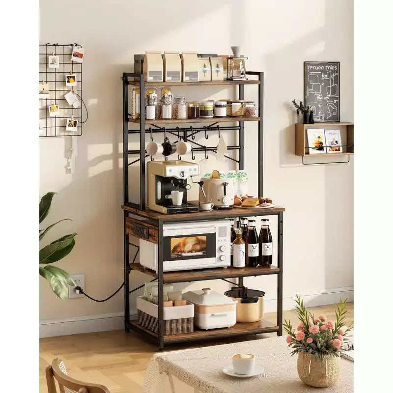 VEVOR Kitchen Bakers Rack, 5 ft Power Cable Bakers Rack with Power Outlet, Kitchen Stand with X-Shaped Support Bar, 12 S-Shaped Hooks, Black & Brown