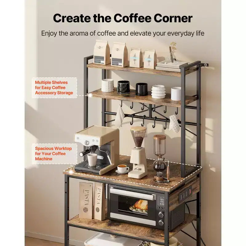 VEVOR Kitchen Bakers Rack, 5 ft Power Cable Bakers Rack with Power Outlet, Kitchen Stand with X-Shaped Support Bar, 12 S-Shaped Hooks, Black & Brown