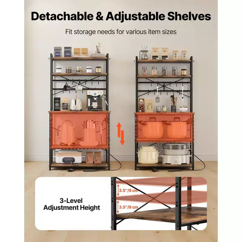 VEVOR Kitchen Bakers Rack, 5 ft Power Cable Bakers Rack with Power Outlet, Kitchen Stand with X-Shaped Support Bar, 12 S-Shaped Hooks, Black & Brown