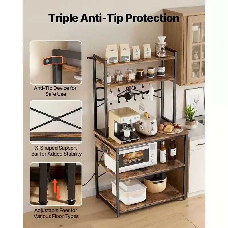 VEVOR Kitchen Bakers Rack, 5 ft Power Cable Bakers Rack with Power Outlet, Kitchen Stand with X-Shaped Support Bar, 12 S-Shaped Hooks, Black & Brown