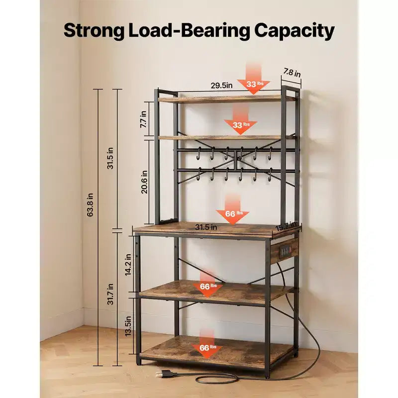 VEVOR Kitchen Bakers Rack, 5 ft Power Cable Bakers Rack with Power Outlet, Kitchen Stand with X-Shaped Support Bar, 12 S-Shaped Hooks, Black & Brown