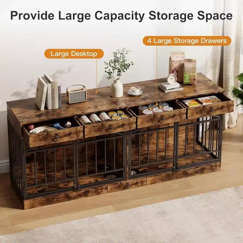 Multi-Functional Dog Crate Furniture, 4 Storage Drawers, Feeding Bowls, TV Stand Function, for Living Room