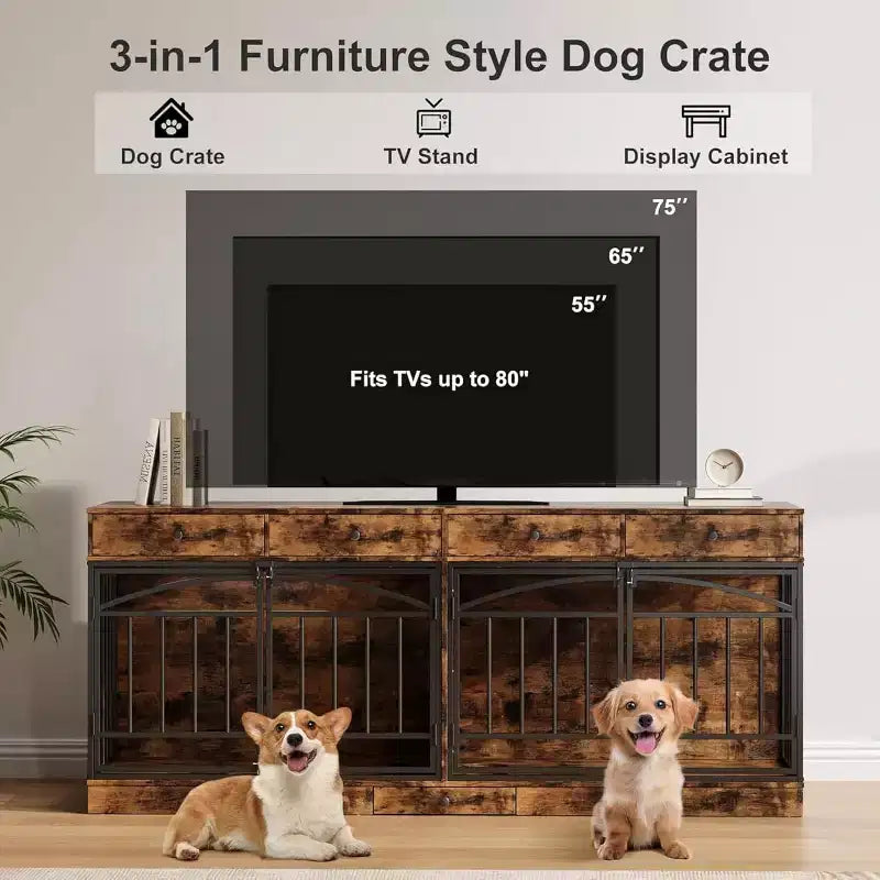 Multi-Functional Dog Crate Furniture, 4 Storage Drawers, Feeding Bowls, TV Stand Function, for Living Room