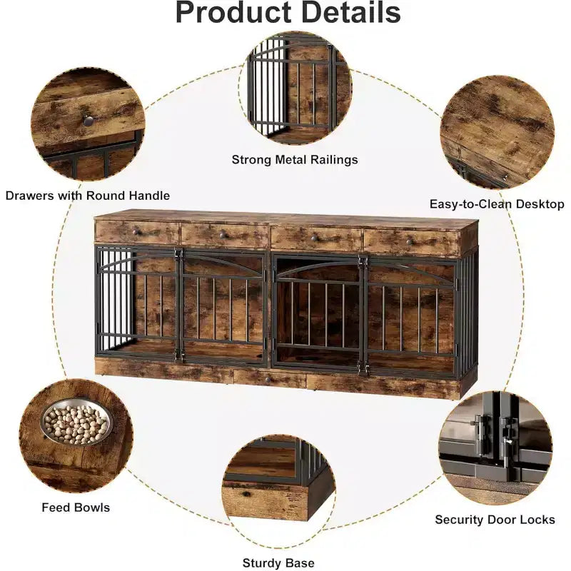 Multi-Functional Dog Crate Furniture, 4 Storage Drawers, Feeding Bowls, TV Stand Function, for Living Room