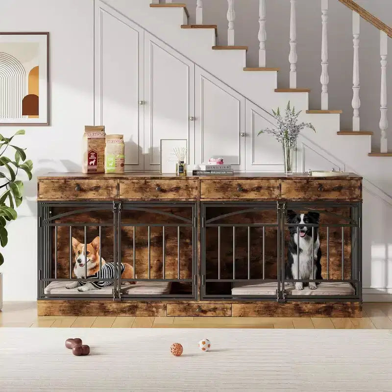 Multi-Functional Dog Crate Furniture, 4 Storage Drawers, Feeding Bowls, TV Stand Function, for Living Room