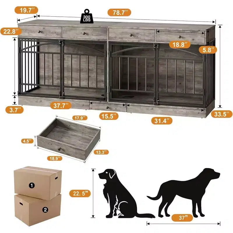 Multi-Functional Dog Crate Furniture, 4 Storage Drawers, Feeding Bowls, TV Stand Function, for Living Room