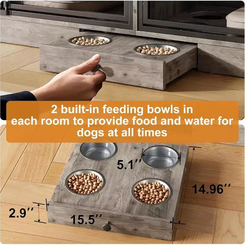 Multi-Functional Dog Crate Furniture, 4 Storage Drawers, Feeding Bowls, TV Stand Function, for Living Room