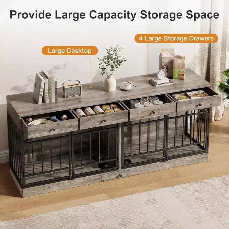 Multi-Functional Dog Crate Furniture, 4 Storage Drawers, Feeding Bowls, TV Stand Function, for Living Room