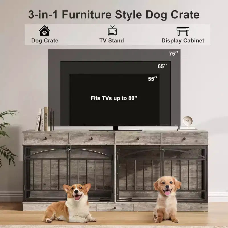 Multi-Functional Dog Crate Furniture, 4 Storage Drawers, Feeding Bowls, TV Stand Function, for Living Room
