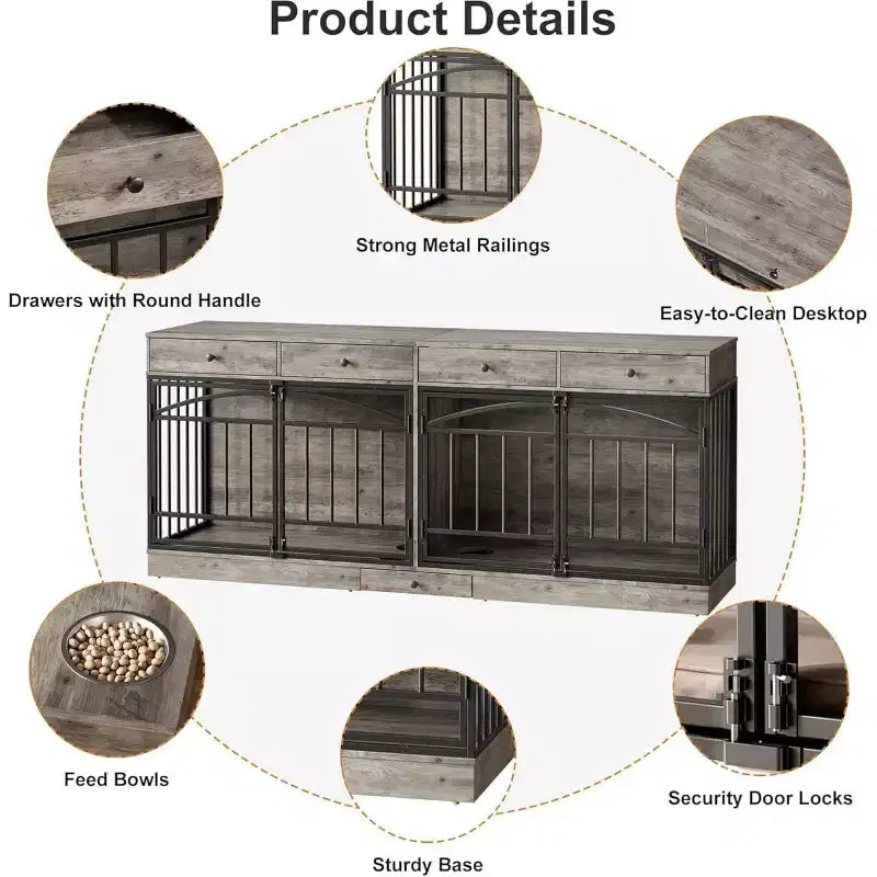 Multi-Functional Dog Crate Furniture, 4 Storage Drawers, Feeding Bowls, TV Stand Function, for Living Room