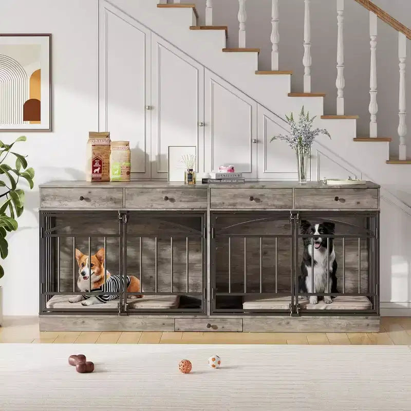 Multi-Functional Dog Crate Furniture, 4 Storage Drawers, Feeding Bowls, TV Stand Function, for Living Room