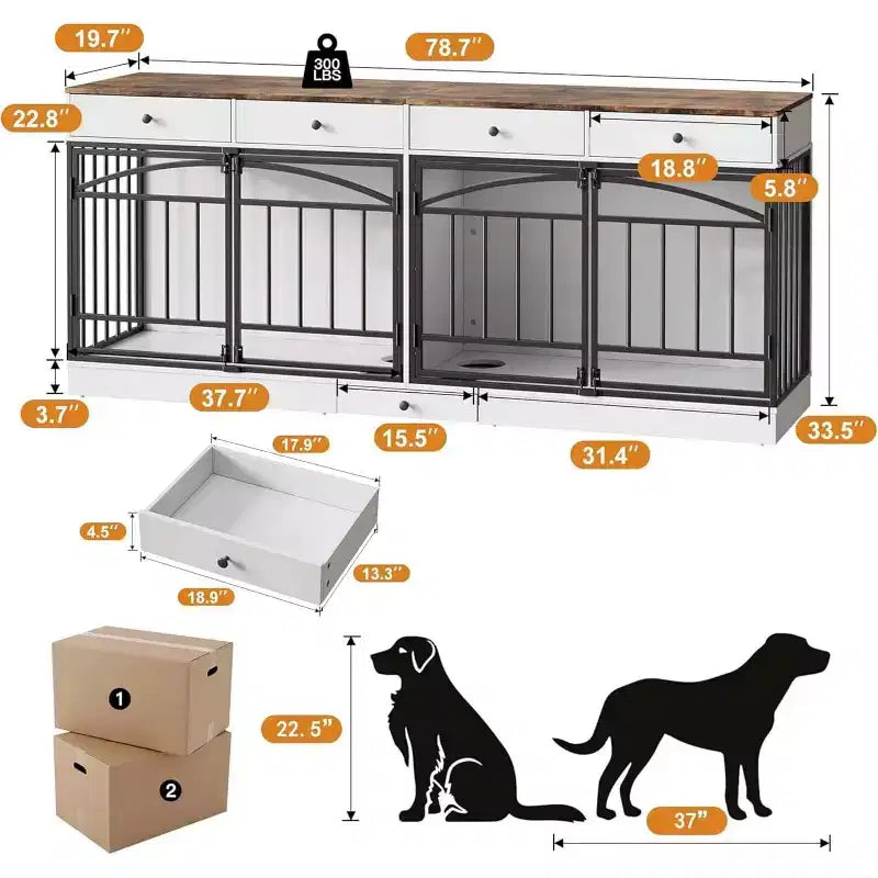 Multi-Functional Dog Crate Furniture, 4 Storage Drawers, Feeding Bowls, TV Stand Function, for Living Room