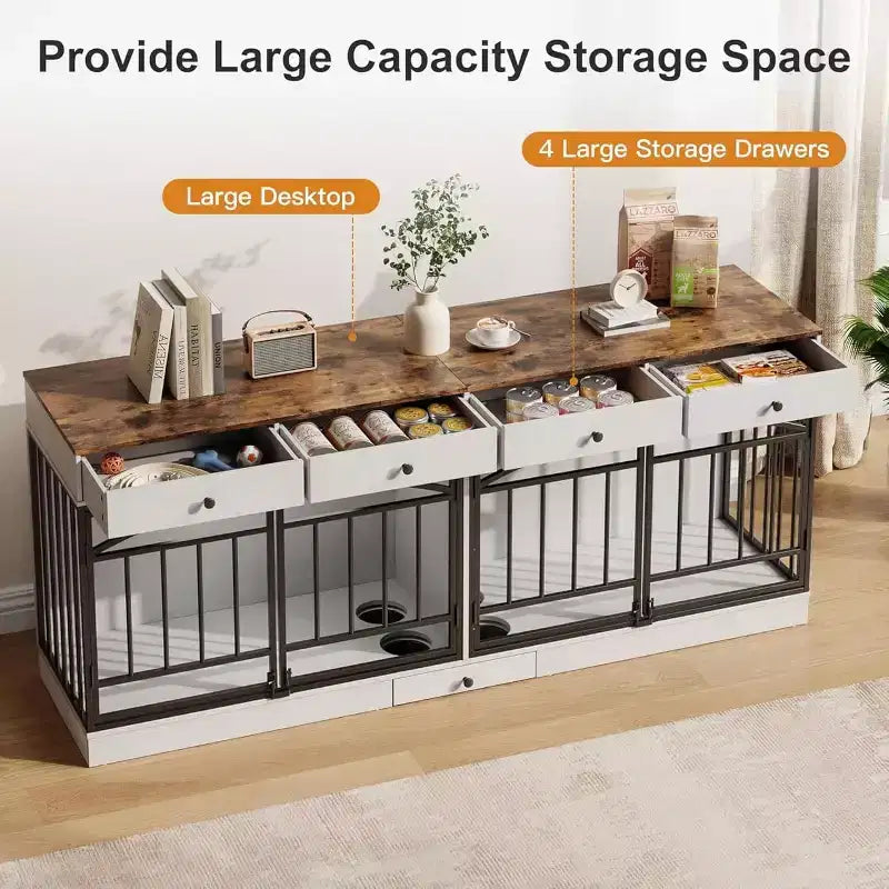 Multi-Functional Dog Crate Furniture, 4 Storage Drawers, Feeding Bowls, TV Stand Function, for Living Room
