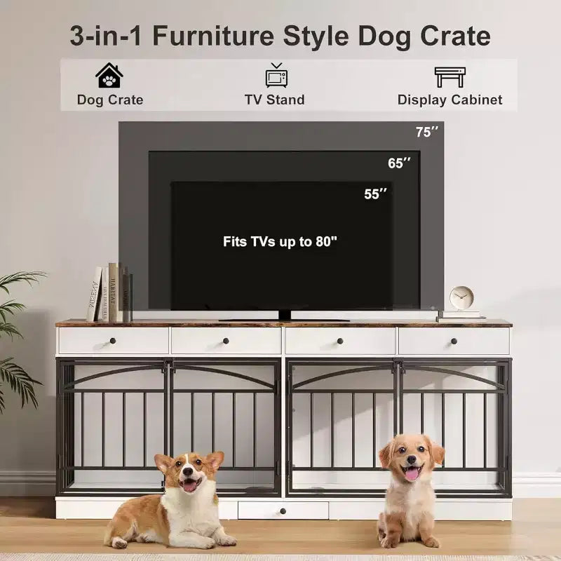 Multi-Functional Dog Crate Furniture, 4 Storage Drawers, Feeding Bowls, TV Stand Function, for Living Room