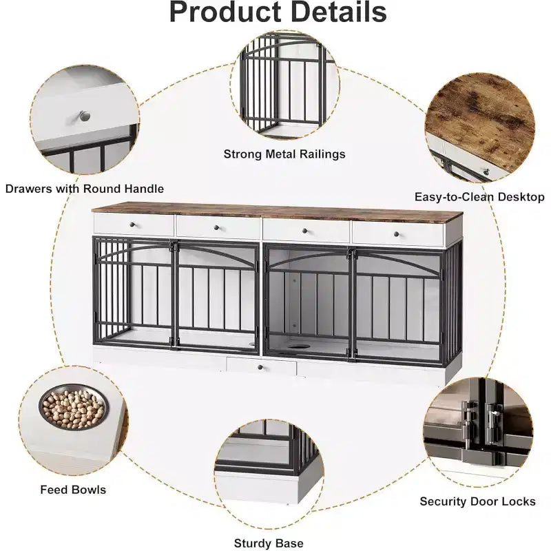 Multi-Functional Dog Crate Furniture, 4 Storage Drawers, Feeding Bowls, TV Stand Function, for Living Room