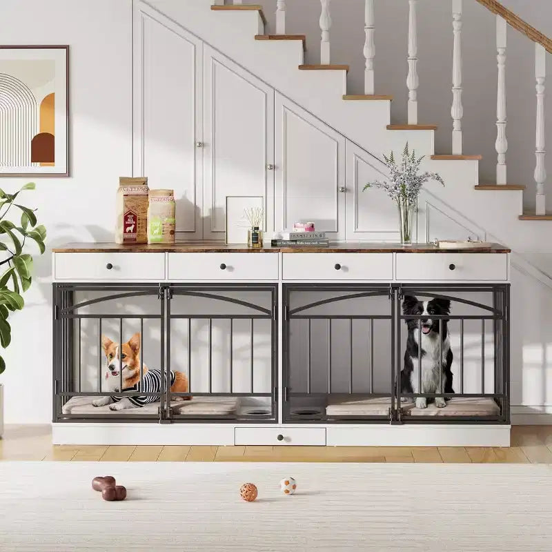 Multi-Functional Dog Crate Furniture, 4 Storage Drawers, Feeding Bowls, TV Stand Function, for Living Room