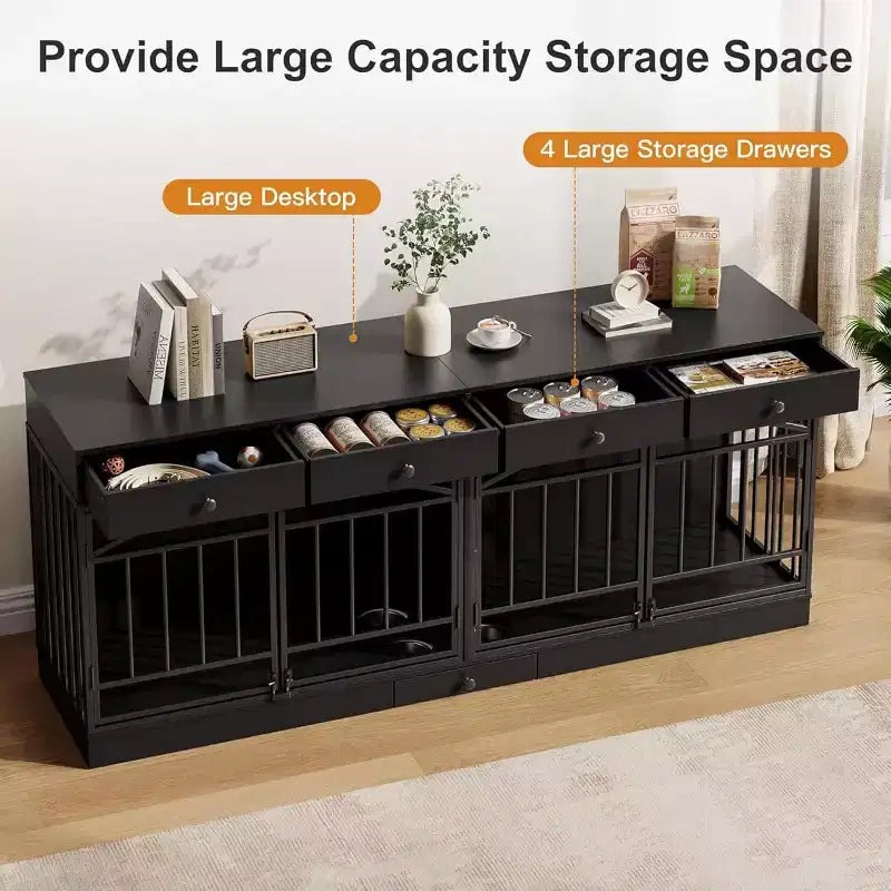 Multi-Functional Dog Crate Furniture, 4 Storage Drawers, Feeding Bowls, TV Stand Function, for Living Room