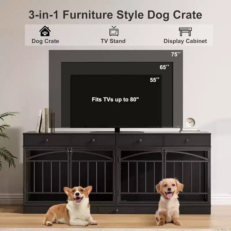Multi-Functional Dog Crate Furniture, 4 Storage Drawers, Feeding Bowls, TV Stand Function, for Living Room