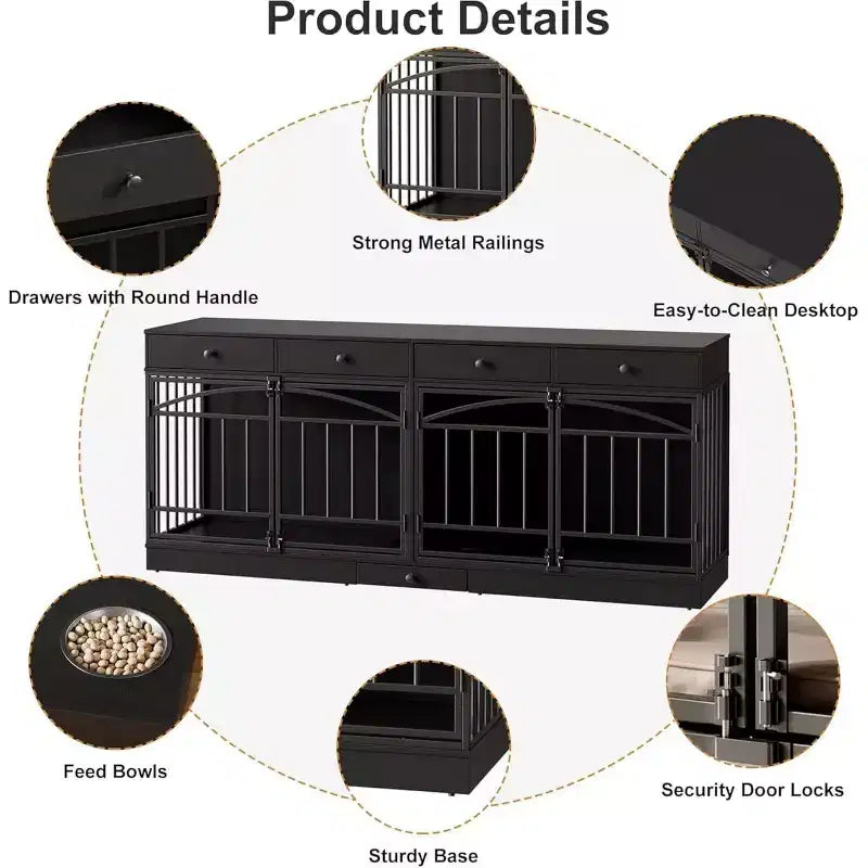 Multi-Functional Dog Crate Furniture, 4 Storage Drawers, Feeding Bowls, TV Stand Function, for Living Room